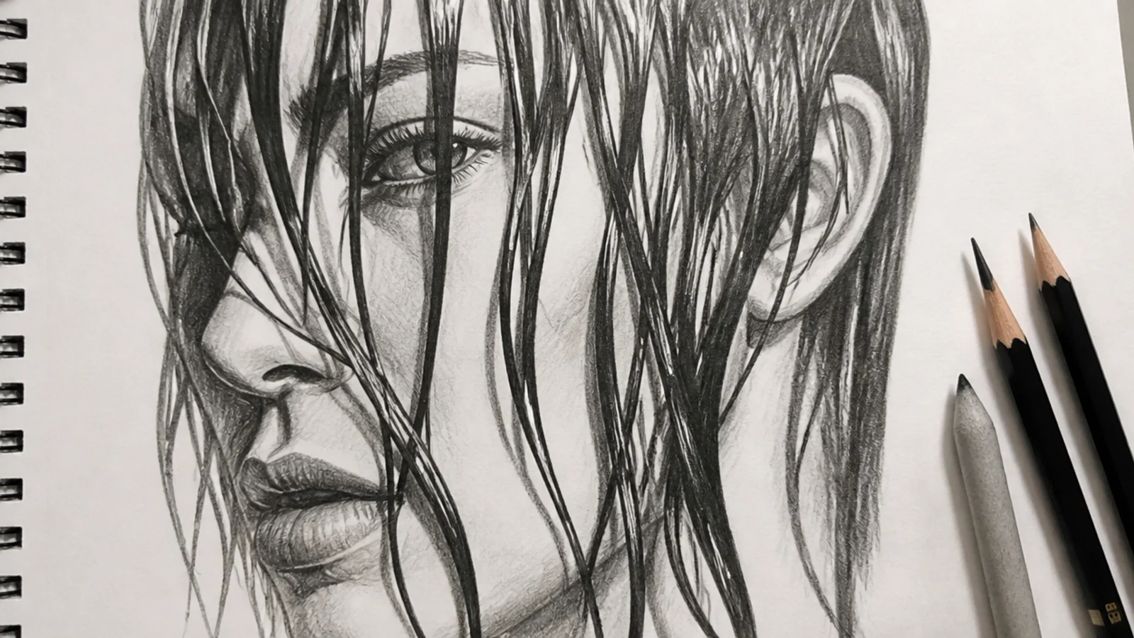 A drawing of soaked hair clinging together in heavy strands