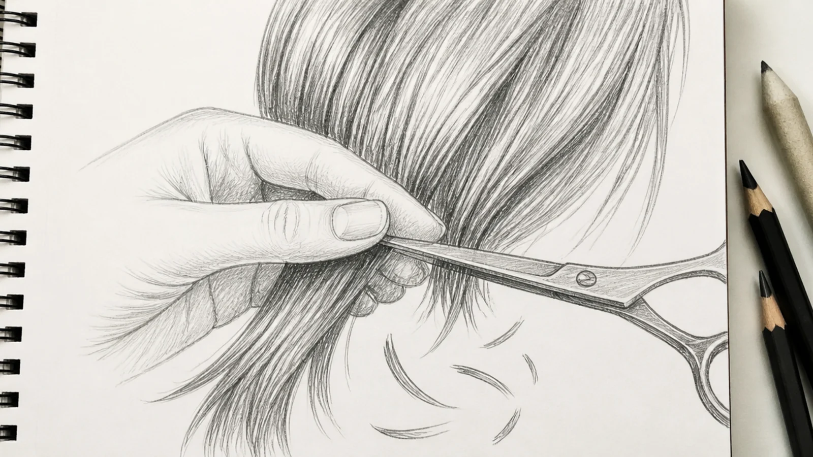 A drawing of hair being cut with clippings falling away