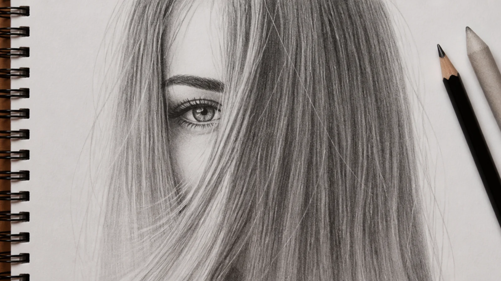 A drawing of a face almost entirely hidden behind falling hair