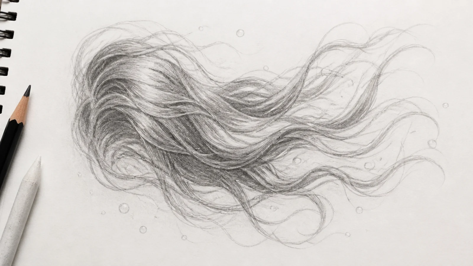A drawing of hair floating outward underwater