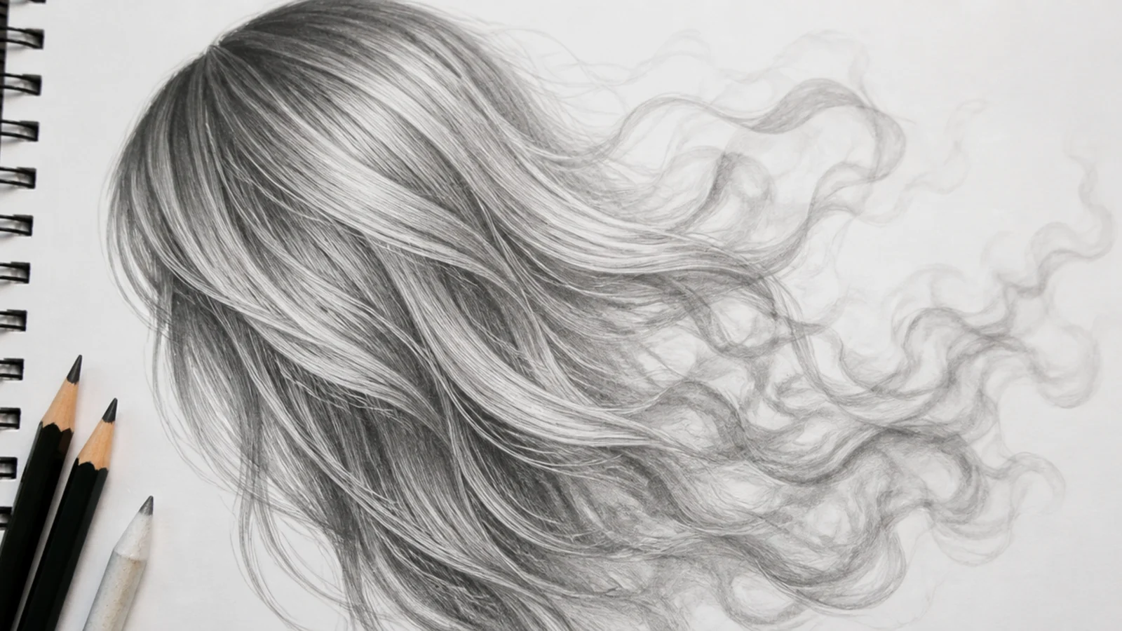 A drawing of hair dissolving into curling smoke