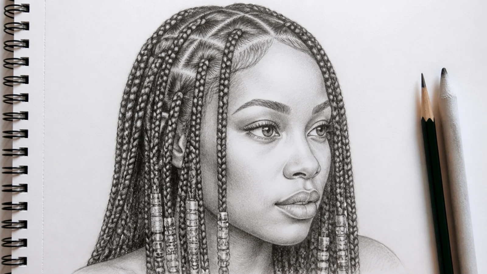A drawing of box braids finished with rows of beads