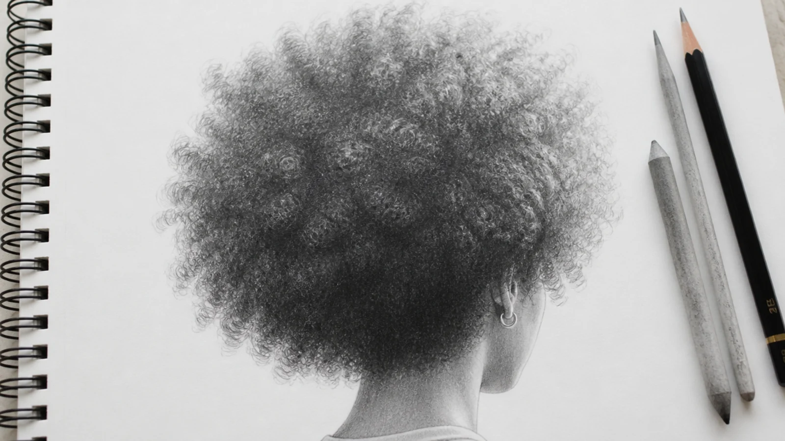 A drawing of a dense afro rimmed with backlight