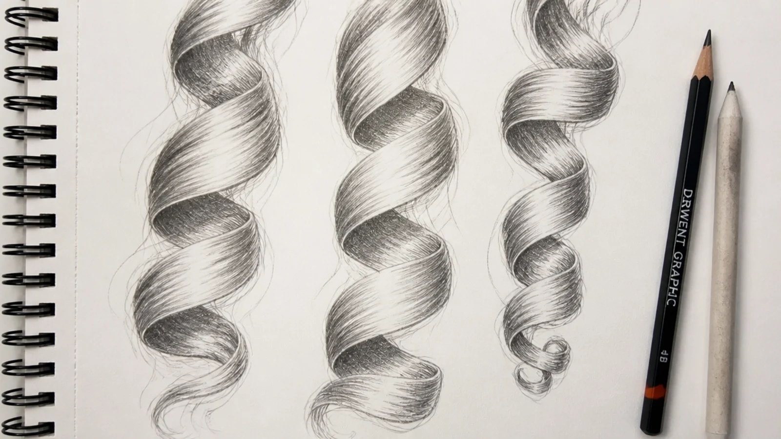A drawing of spiral curls rendered as twisting ribbons