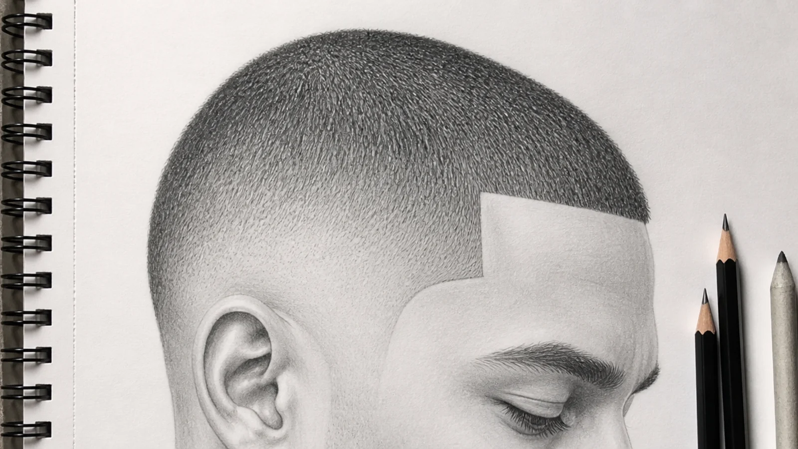 A drawing of a buzzed head with a fade running to bare skin