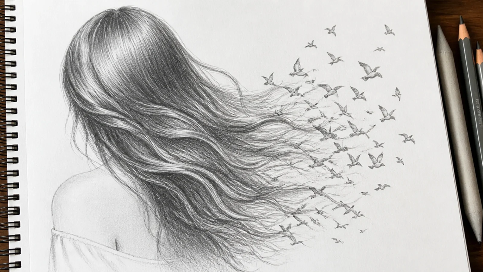 A drawing of hair whose ends become flying birds