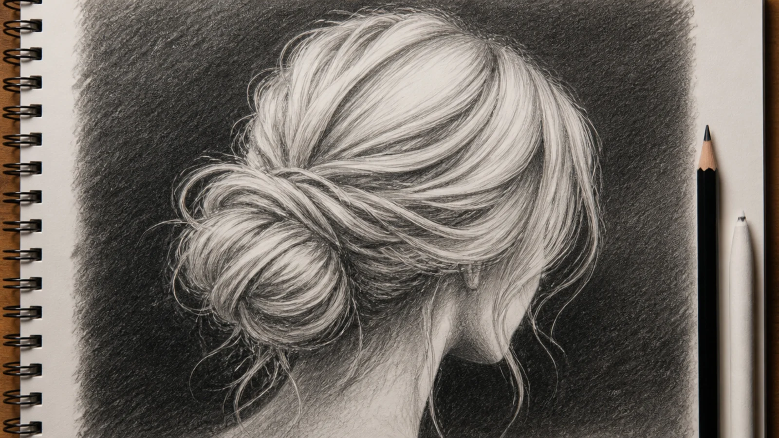 A drawing of hair edge lit against a solid dark background