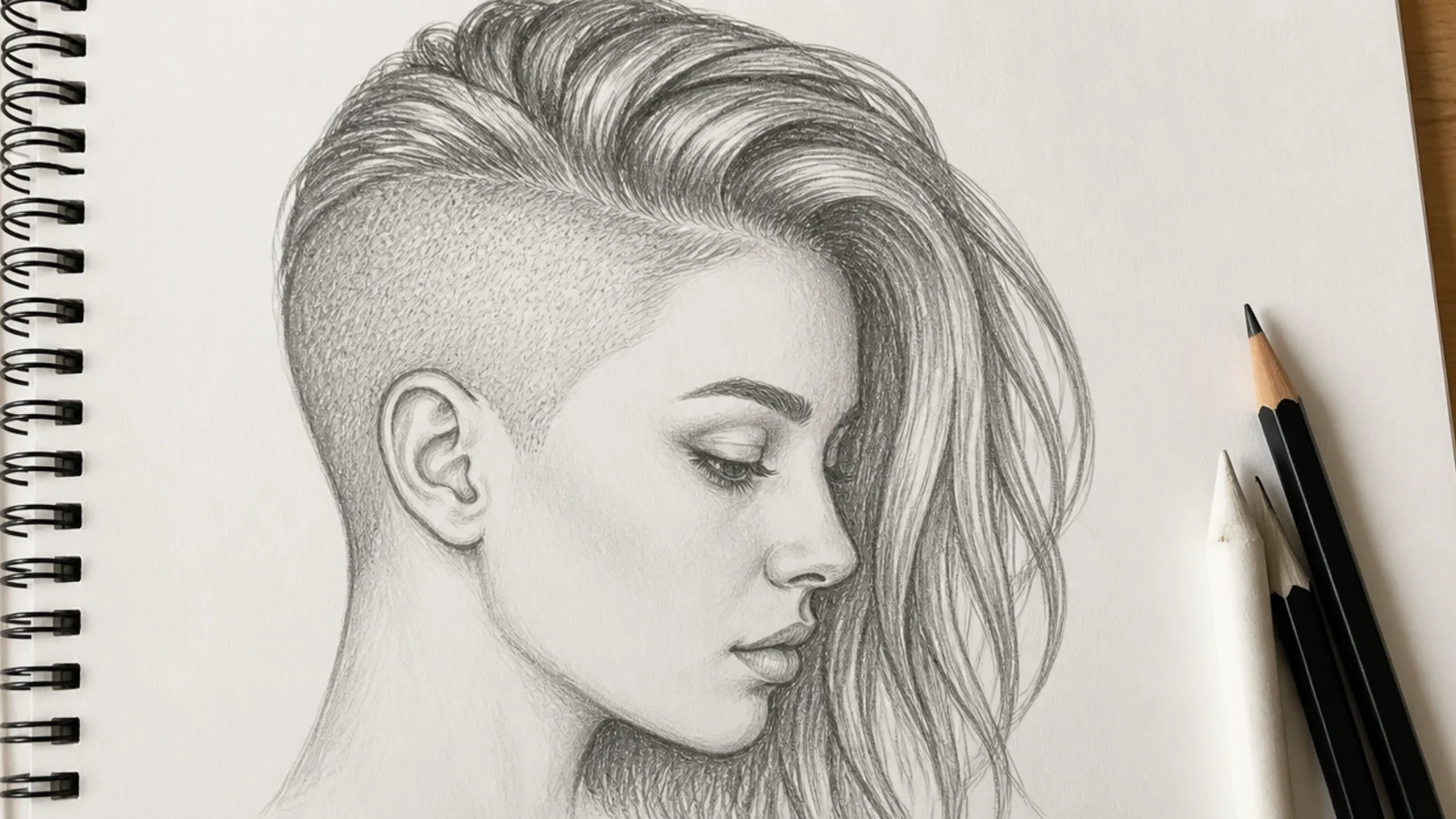 A drawing of swept hair above a sharply shaved undercut