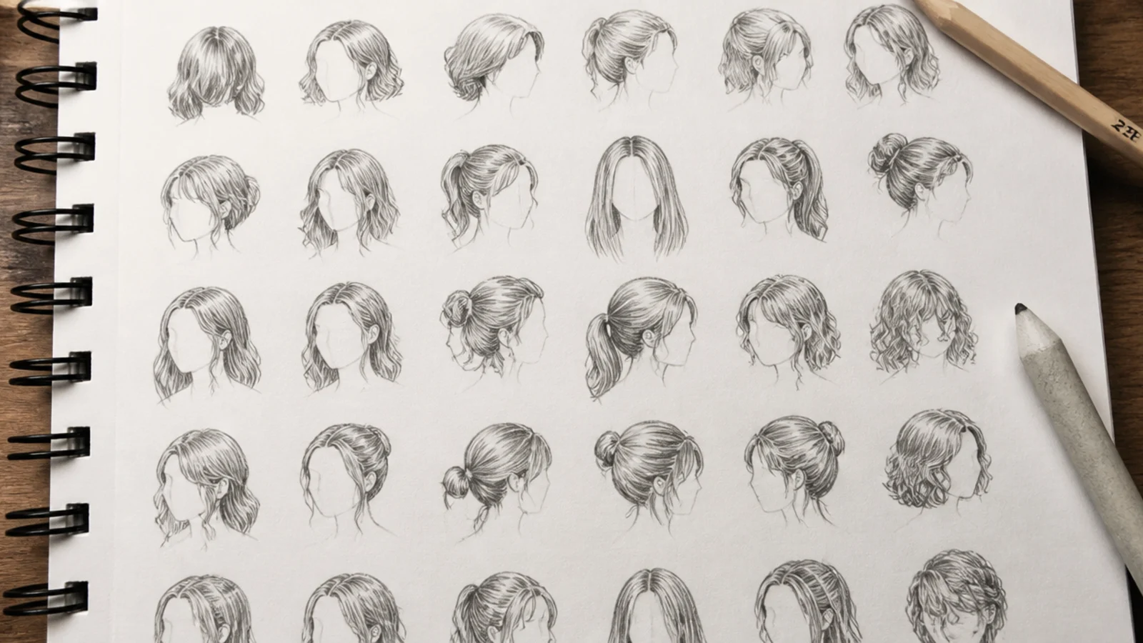 A grid of tiny thumbnail hair studies on one page