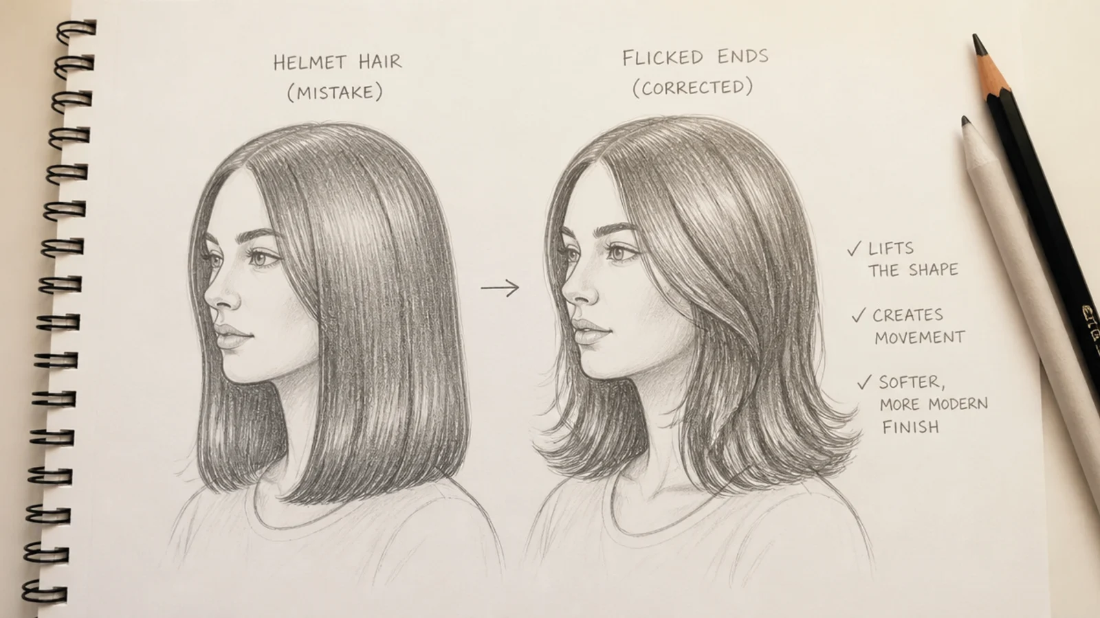 An over-worked concept drawing beside a cleaner corrected version