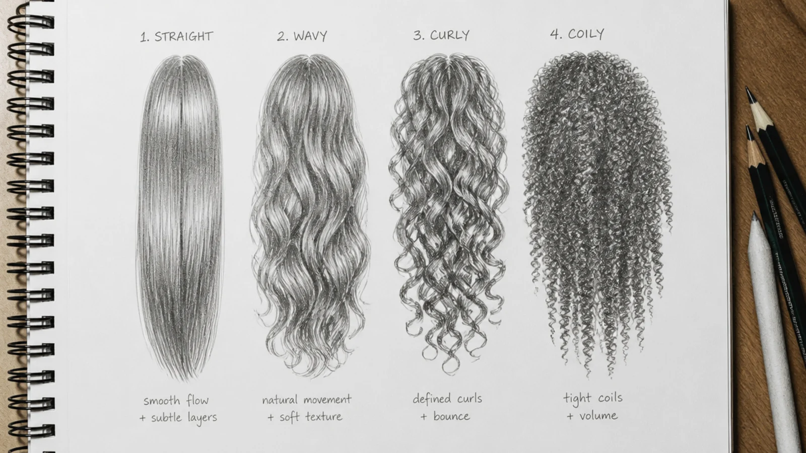 A pencil sheet comparing four hair textures side by side