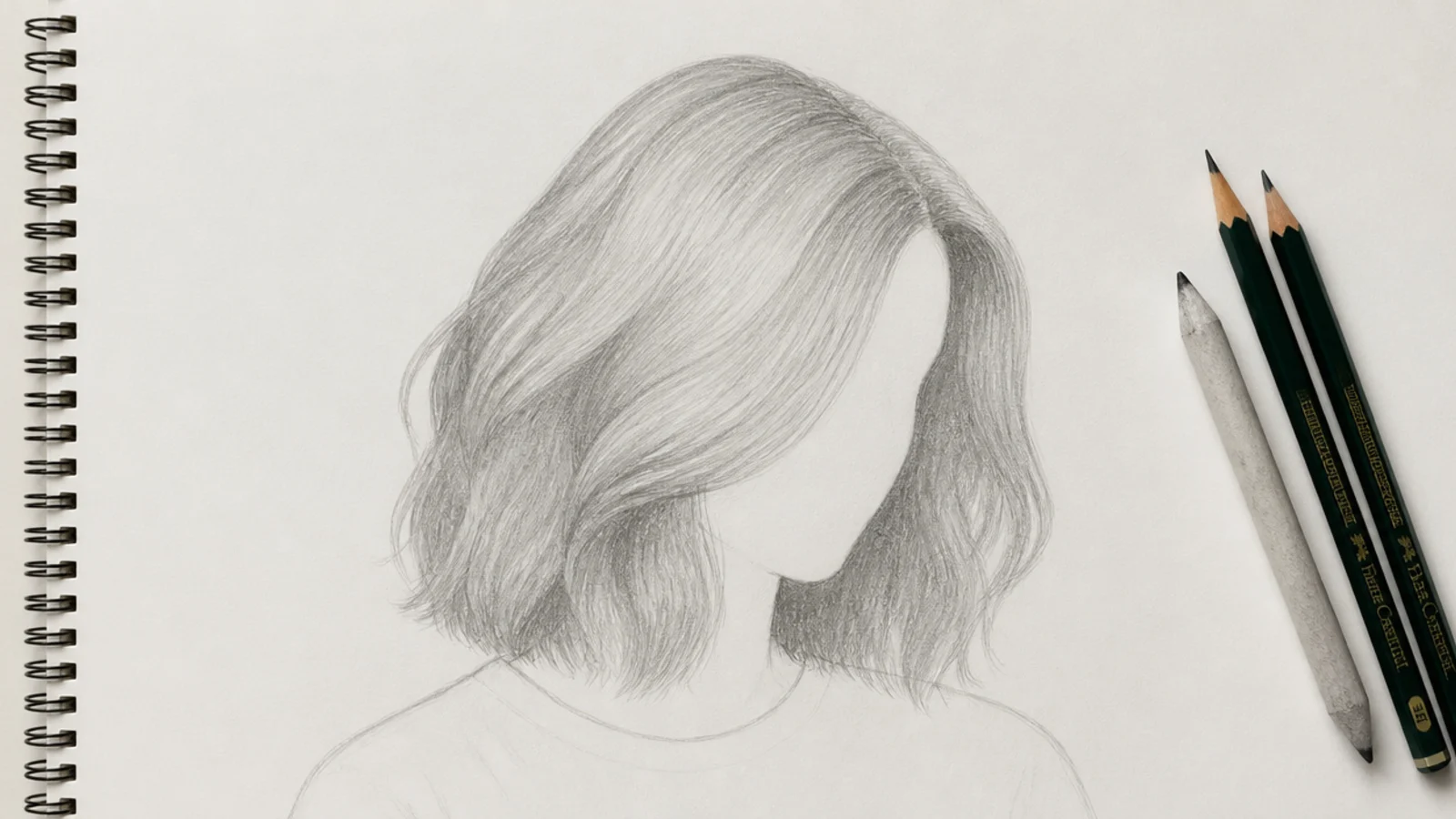 Small thumbnail sketches beside a larger developed hair drawing