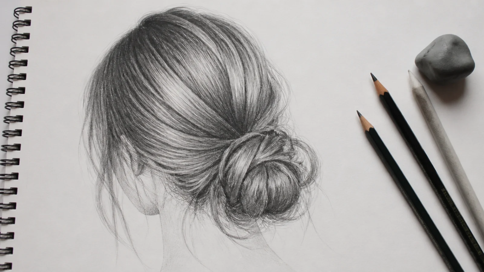 Soft graphite pencils, a sharpened eraser and blending stumps on paper