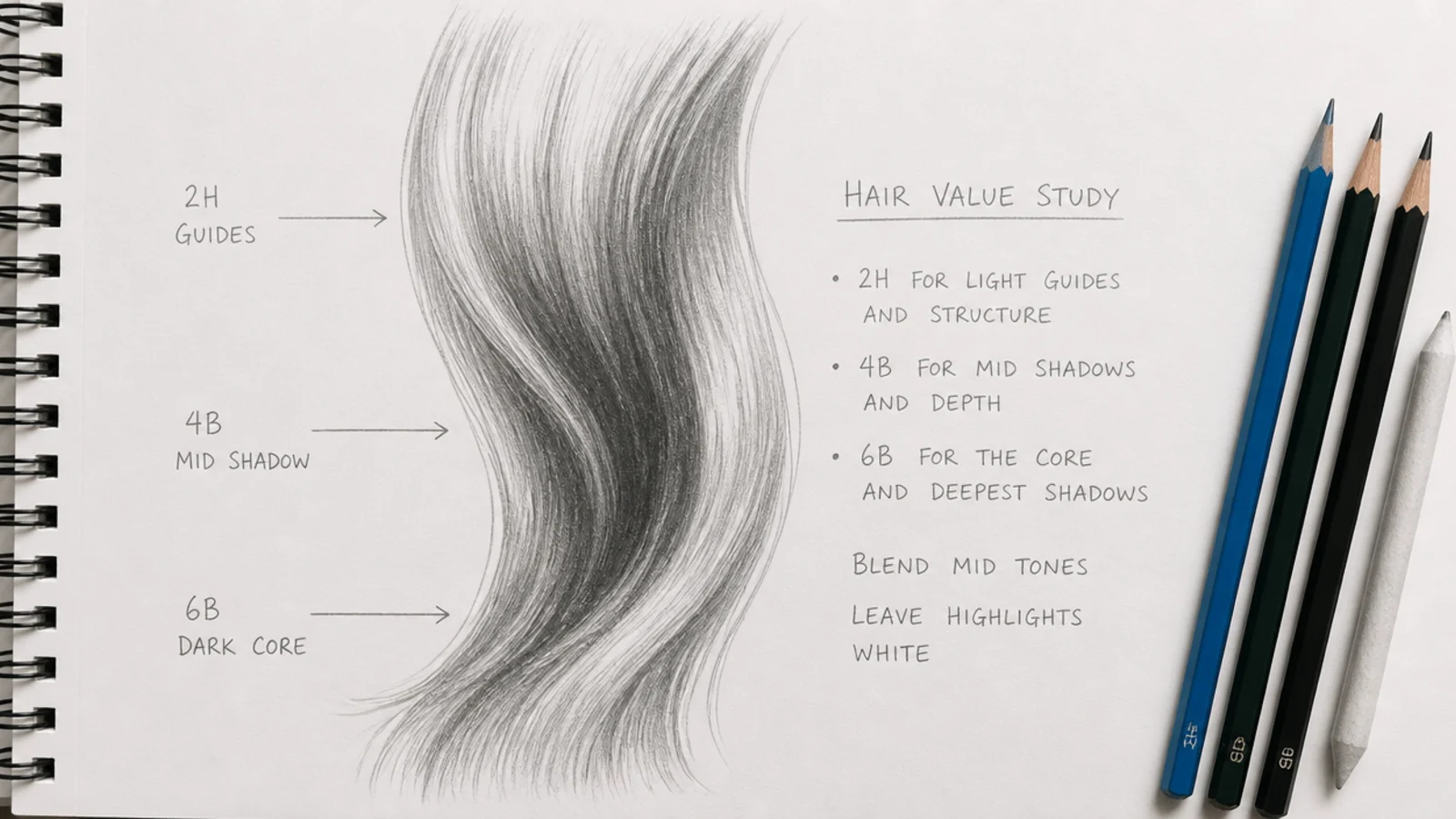 A shaded hair study with dark cores and a bright lifted rim