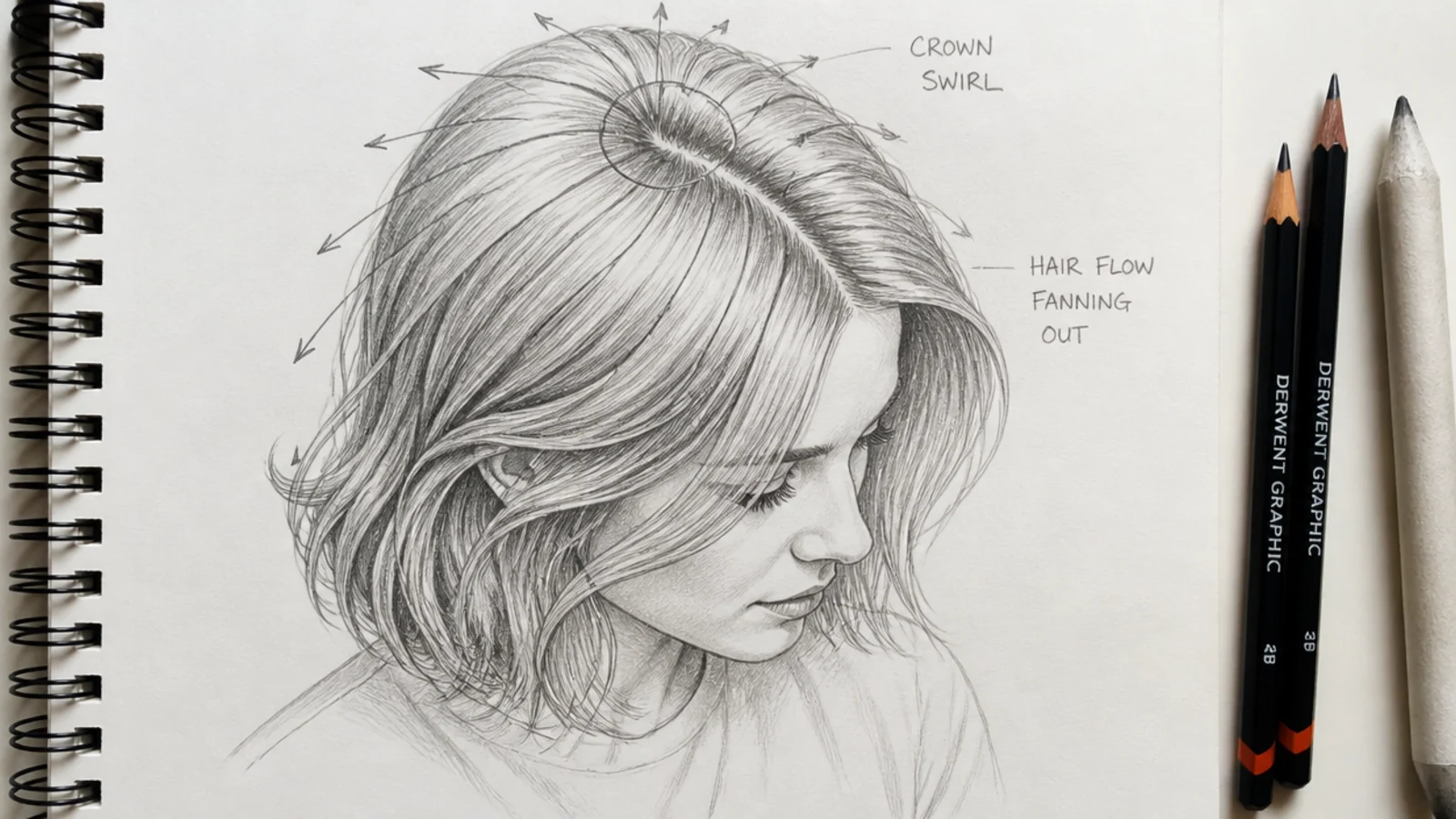 A study of the crown swirl drawn from a three quarter angle