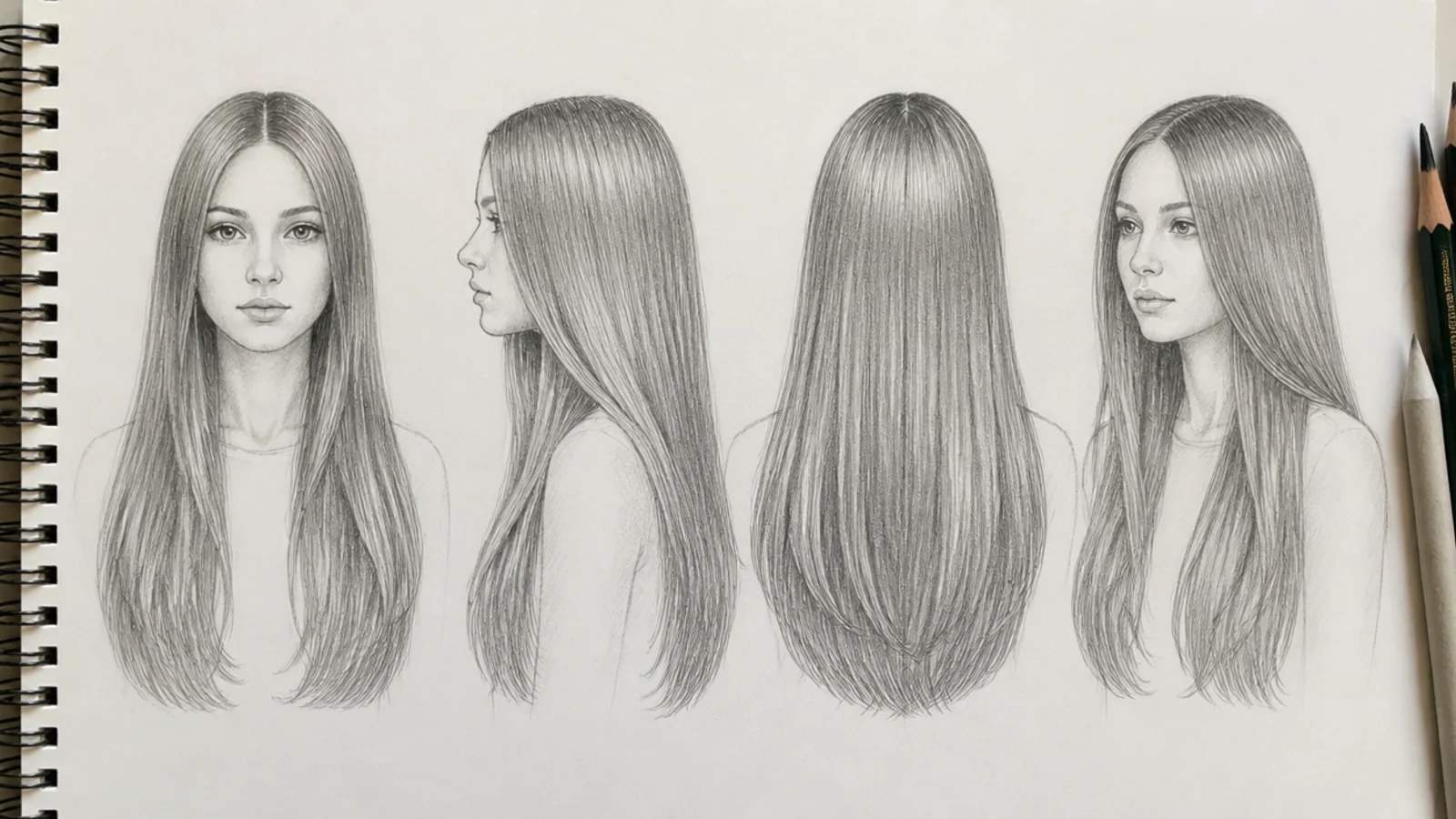 A sheet showing straight hair drawn from four different angles