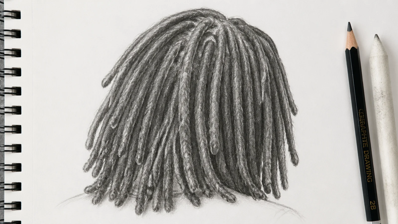 A study sheet of locs drawn as shaded cylinders