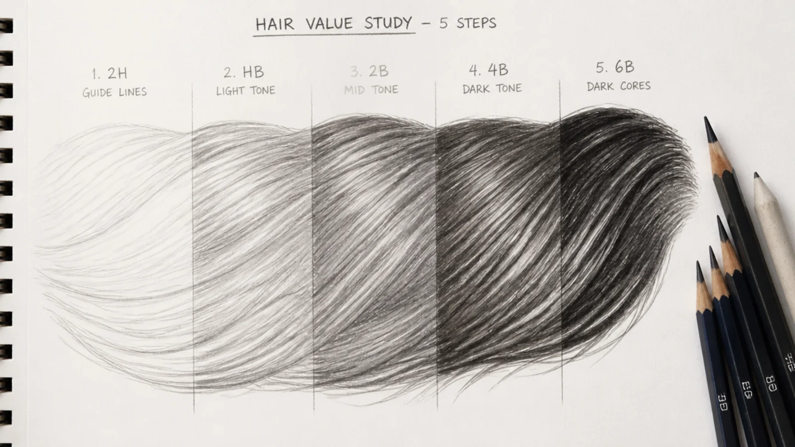 A graphite value scale running from hard to soft pencil grades