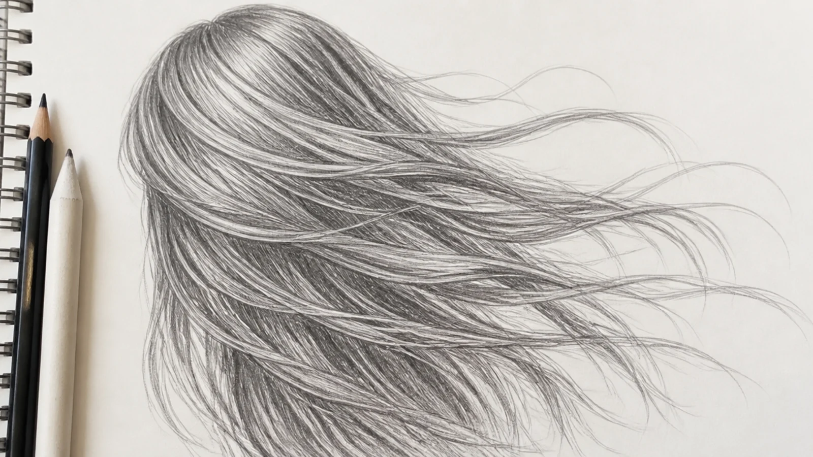 A line study of hair flowing in one direction under wind