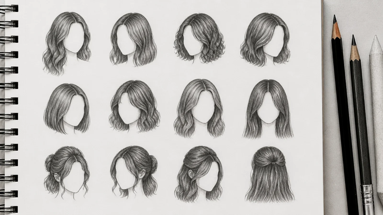 A grid of small thumbnail hair studies on one sheet