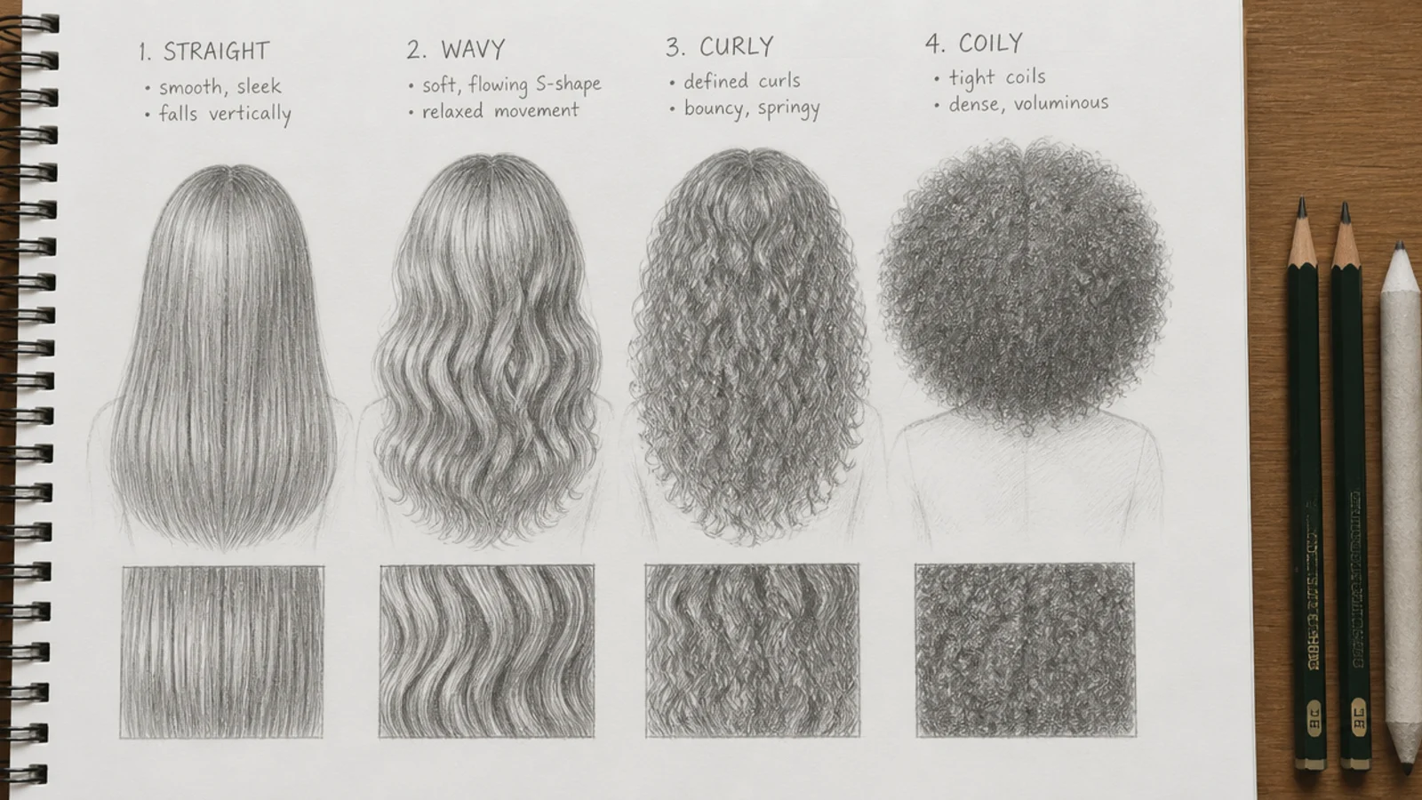 A study sheet comparing straight, wavy, curly and coily hair
