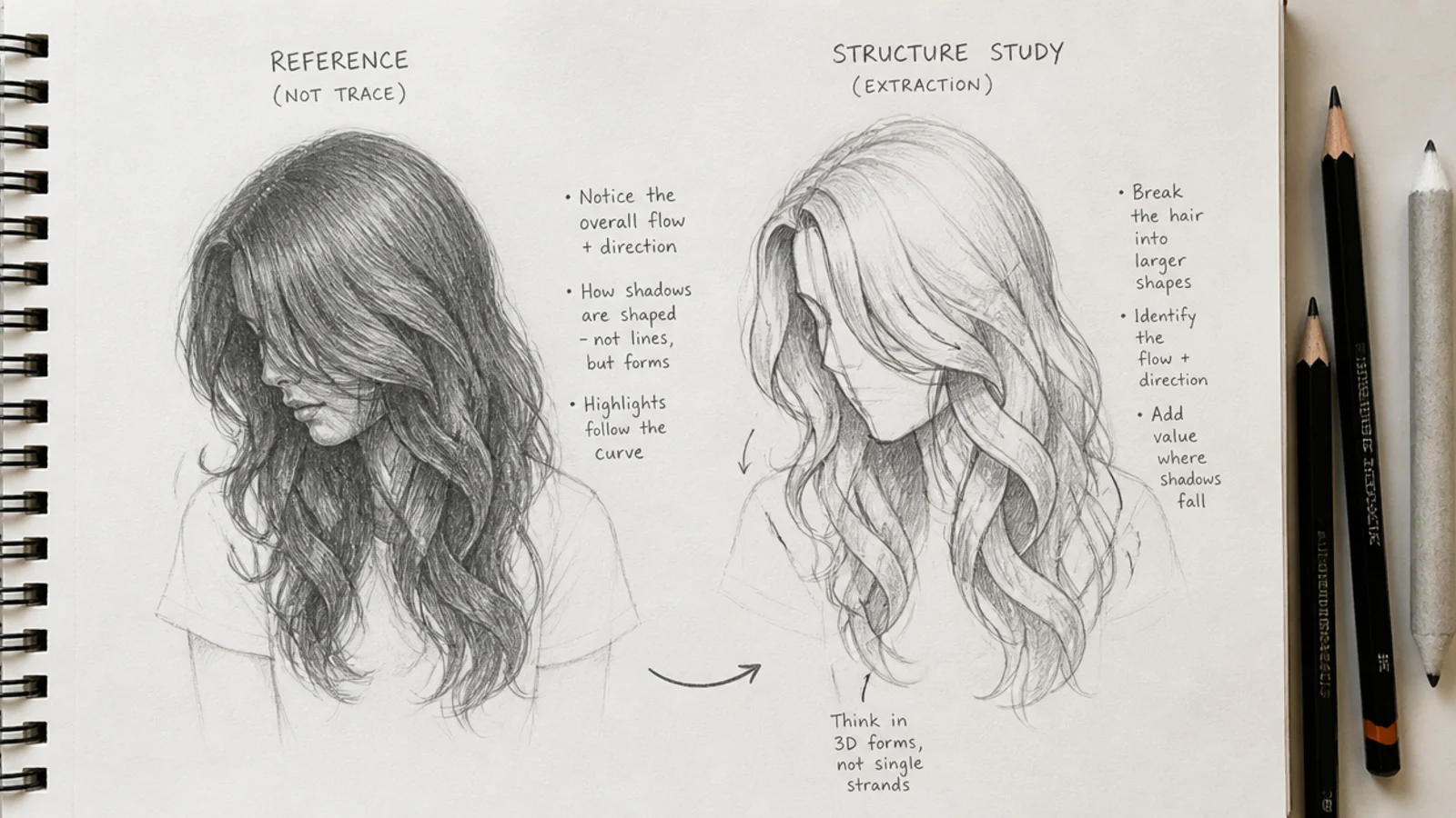 A reference image beside a pencil study drawn from it
