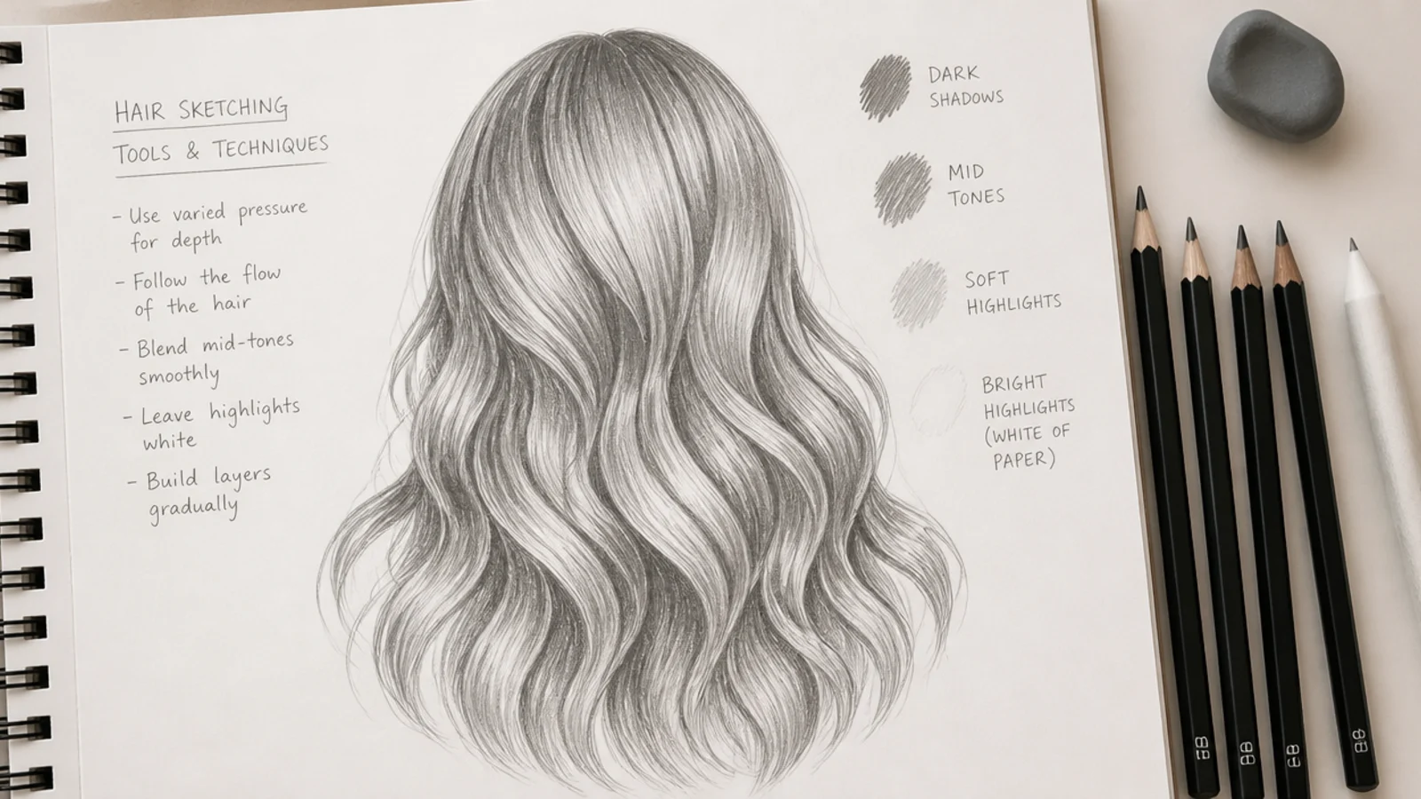 Pencils, an eraser and a ruler laid beside a hair study sheet