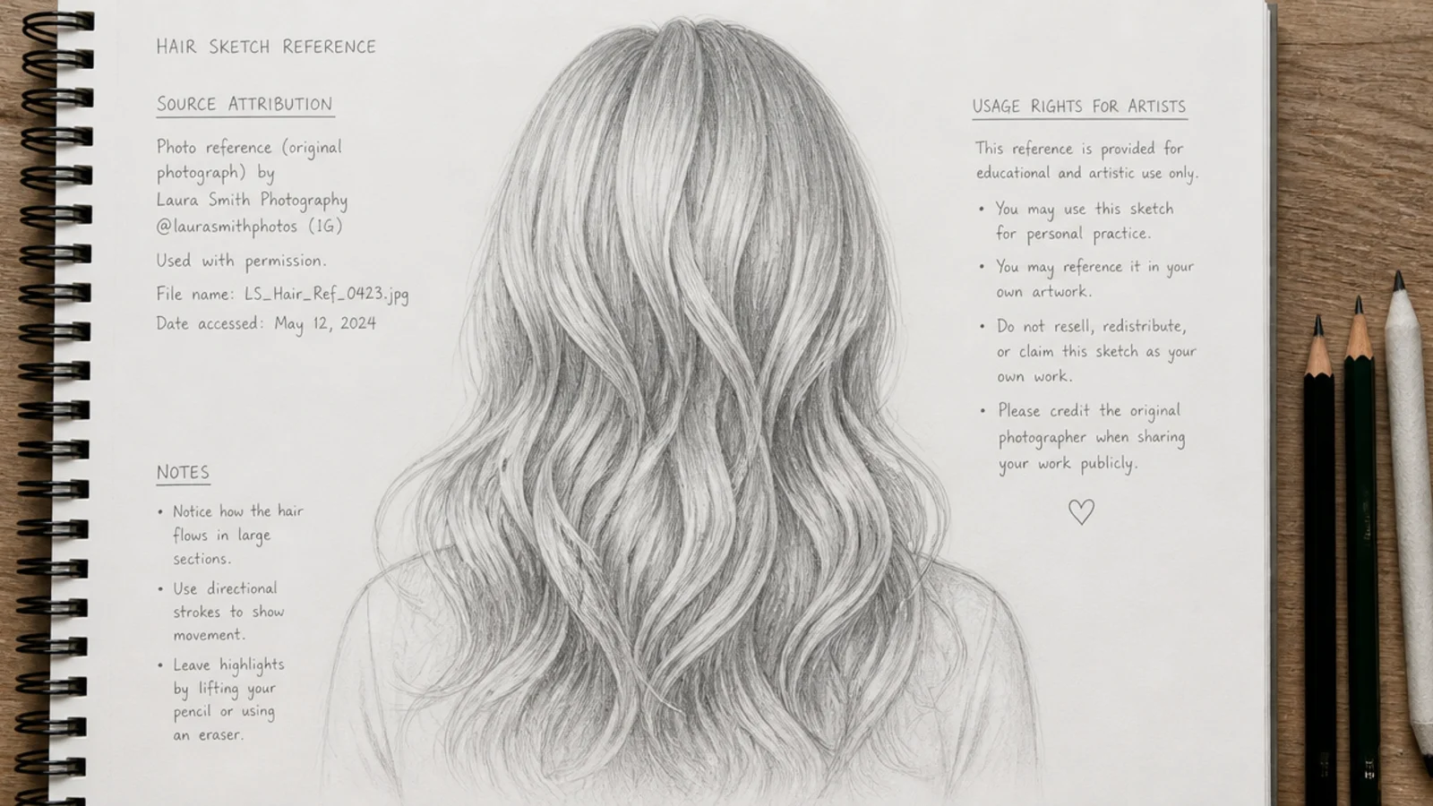 A traced outline compared with an original hair study