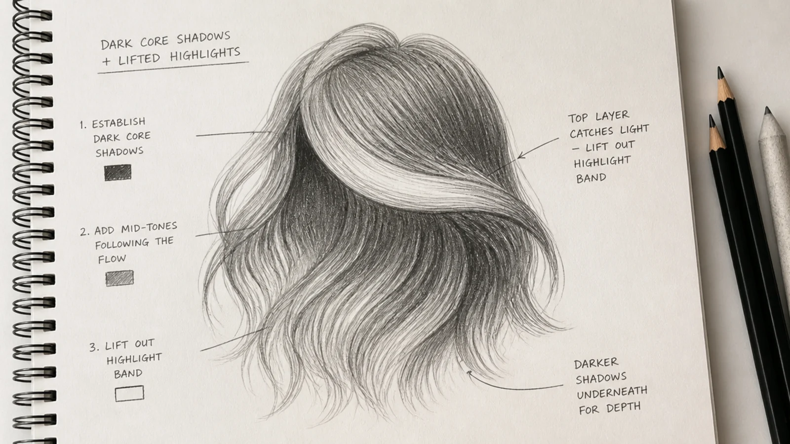 A shading study showing deep cores between hair clumps