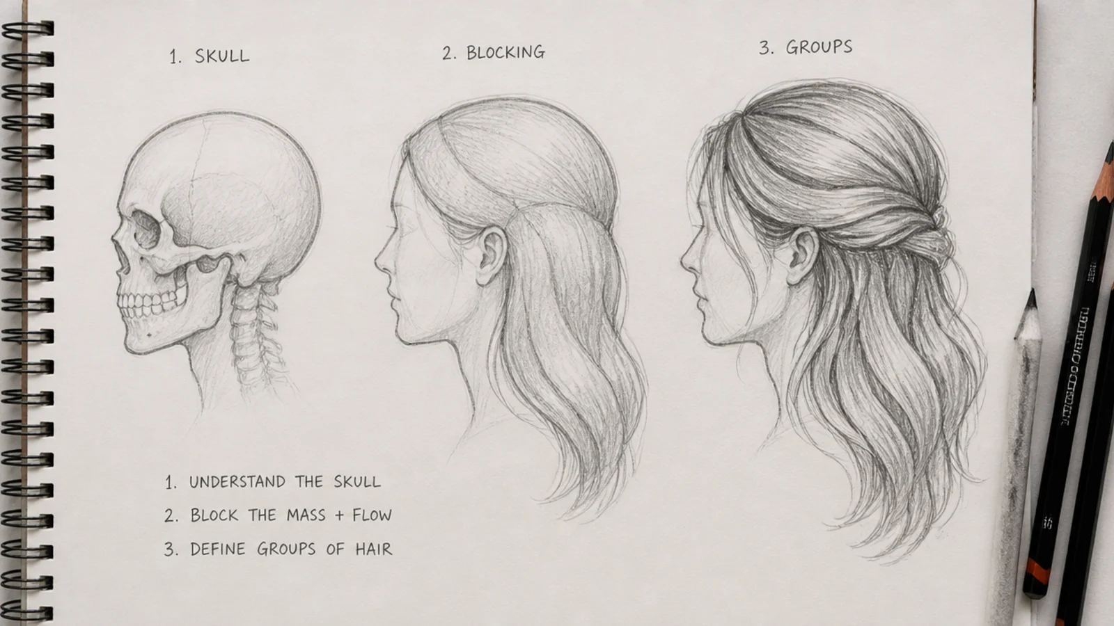 A blocked hair silhouette next to the same study with strands added