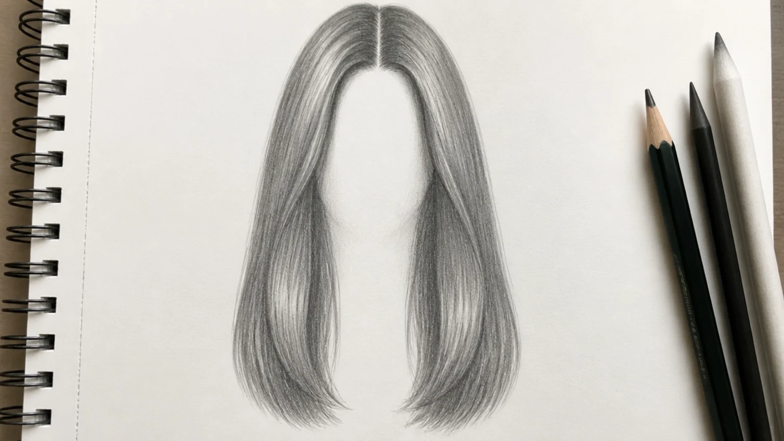 A front view pencil drawing of long straight hair falling either side of a centre part