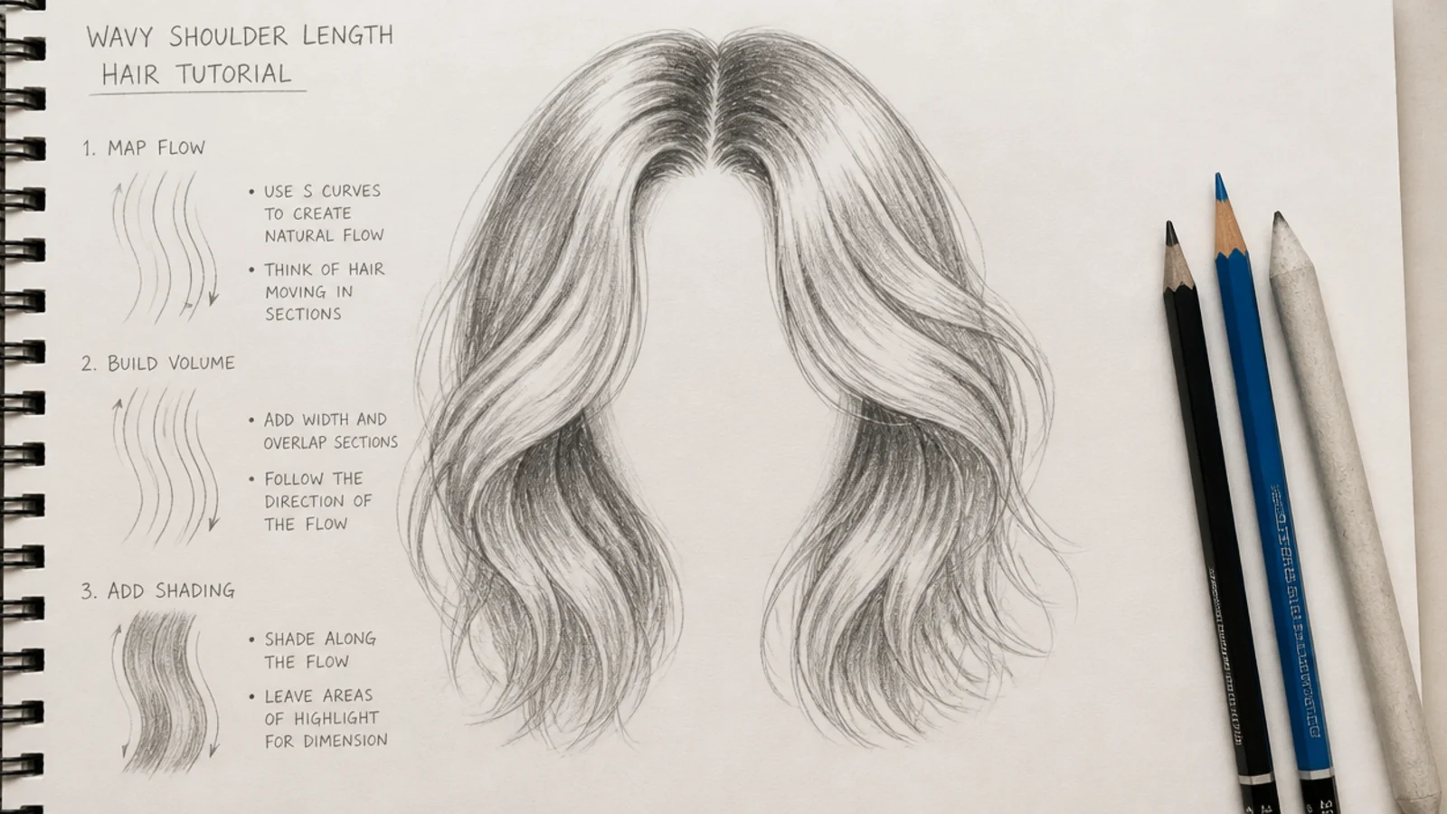 A pencil drawing of shoulder length wavy hair with soft S shaped bends