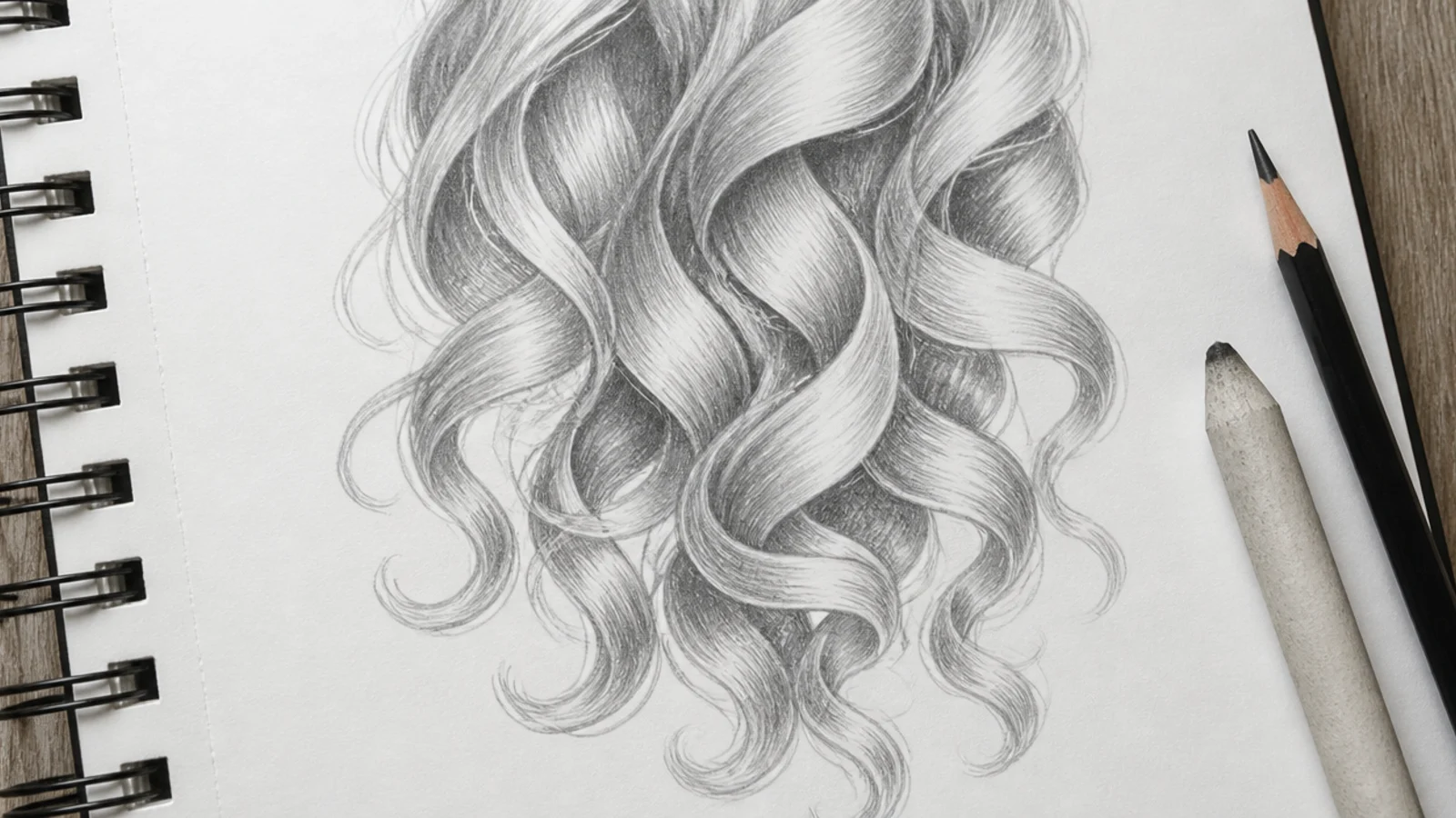 A pencil study of spiral curls drawn as twisting ribbons