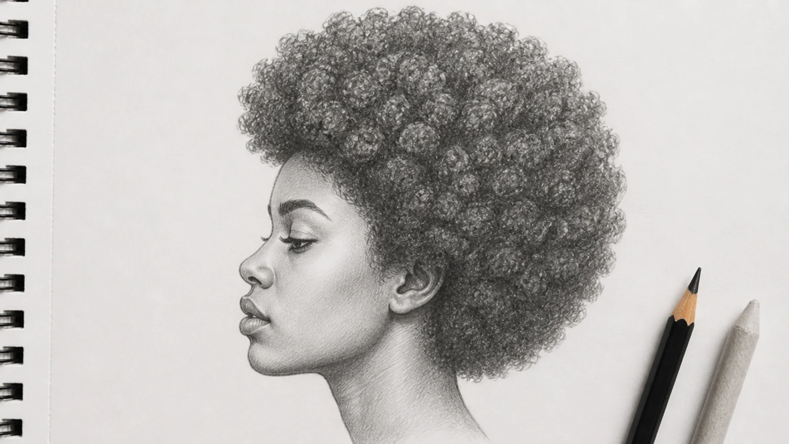 A pencil drawing of a rounded coily afro with a broken textured edge