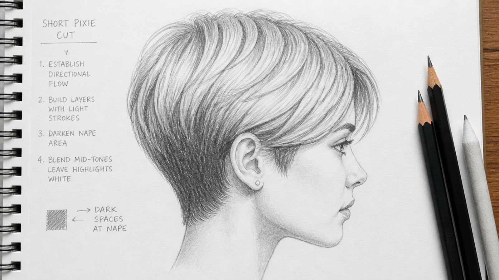 A side view pencil drawing of a short haircut close to the head
