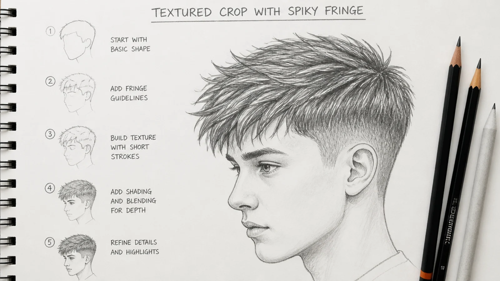 A pencil sketch of a short textured crop with a broken fringe edge