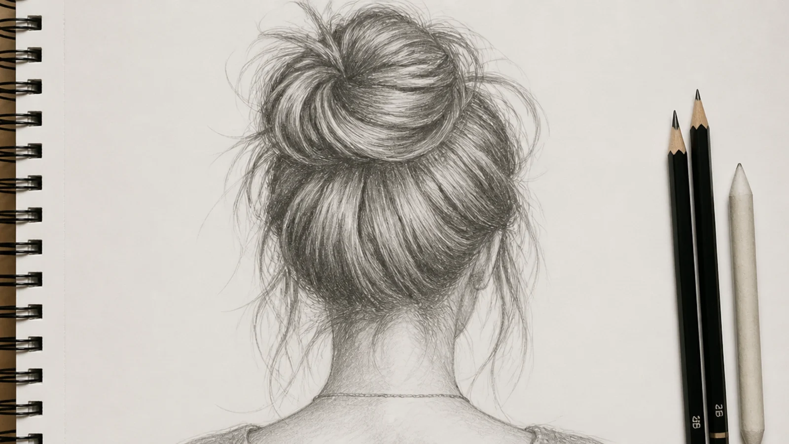 A back view pencil drawing of hair gathered into a loose messy bun