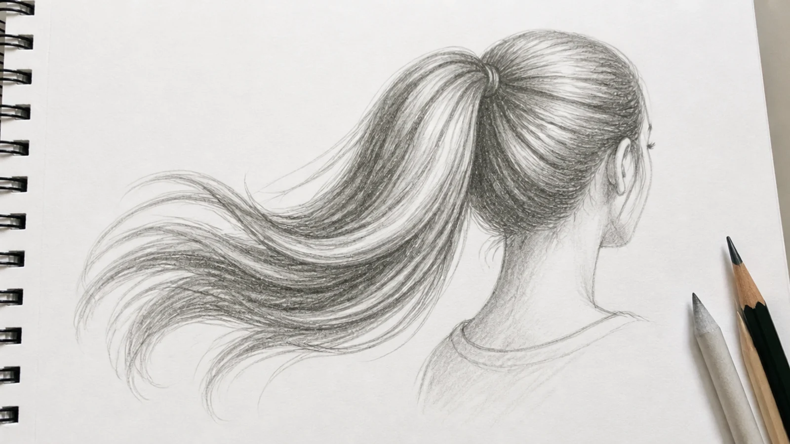 A pencil drawing of a high ponytail swinging with the tail spread mid movement