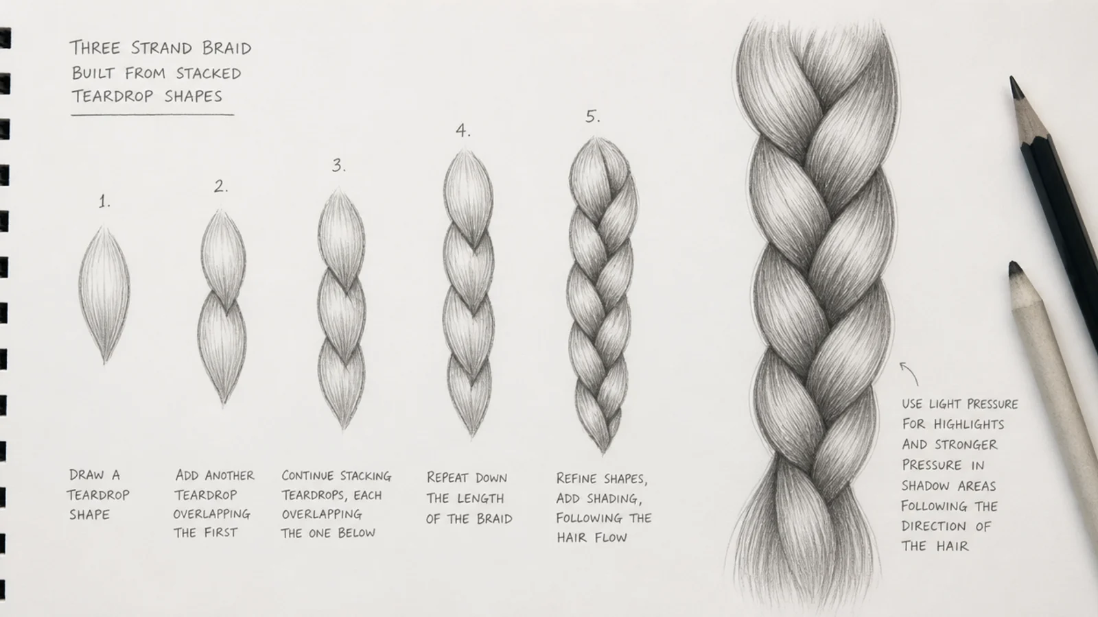 A pencil drawing of a three strand braid showing stacked interlocking sections
