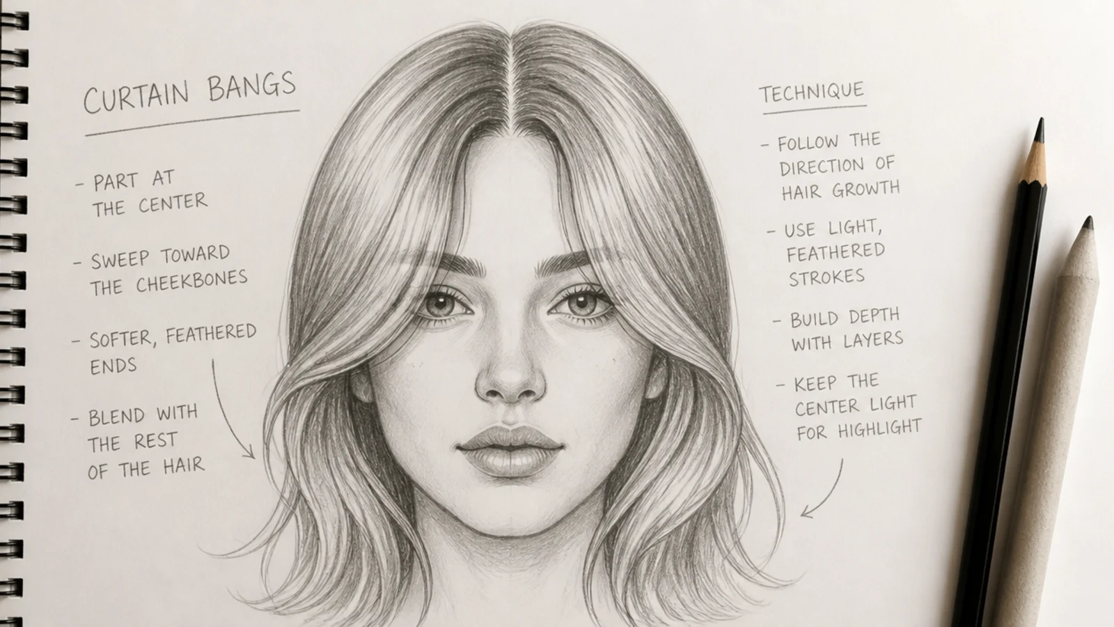 A pencil drawing of curtain bangs parted in the centre over a forehead