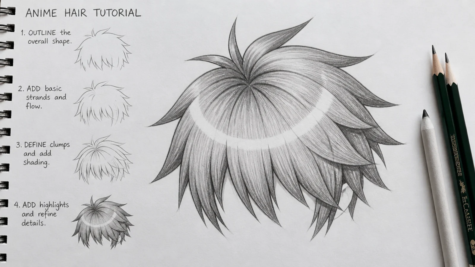 A stylised pencil drawing of spiked anime hair with sharp tapering wedges