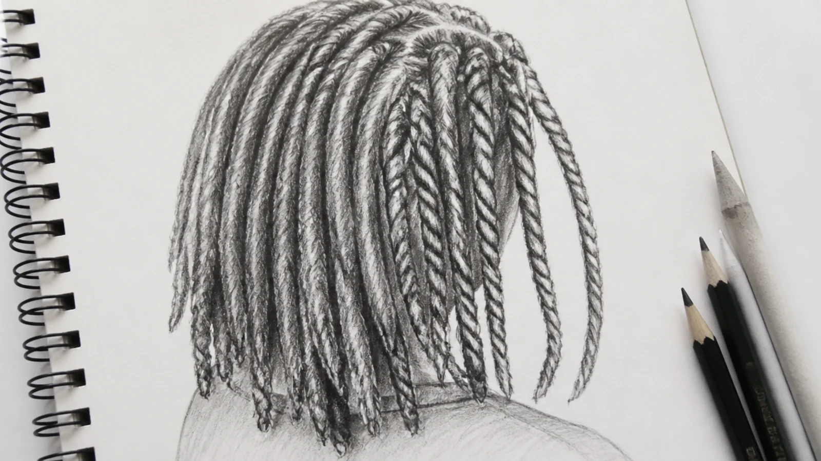 A pencil drawing of shoulder length locs and rope twists with dark gaps between them