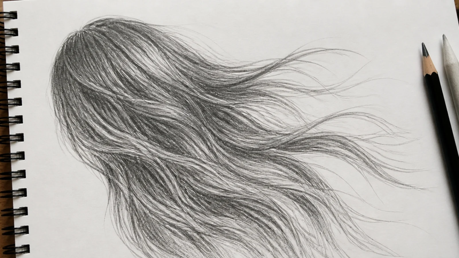 A pencil drawing of hair swept sideways by wind with loose strands breaking away