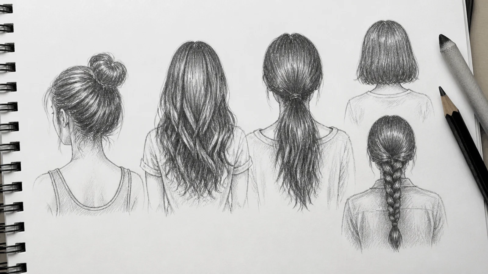 Several small pencil head studies with hair drawn at reduced scale