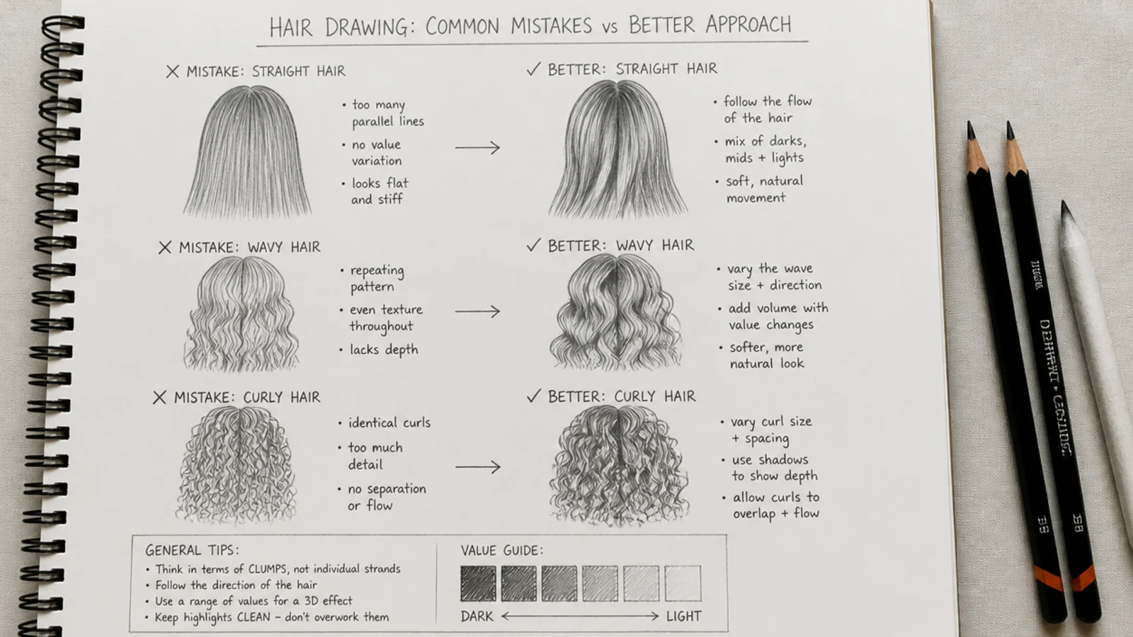 A pencil drawing pairing a flat stiff hair sketch with a corrected version
