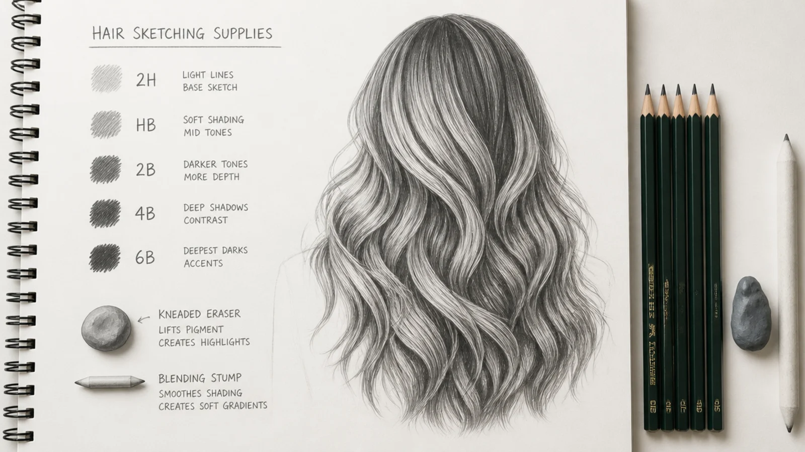 Graphite pencils, a blending stump and a kneaded eraser laid beside an open sketchbook