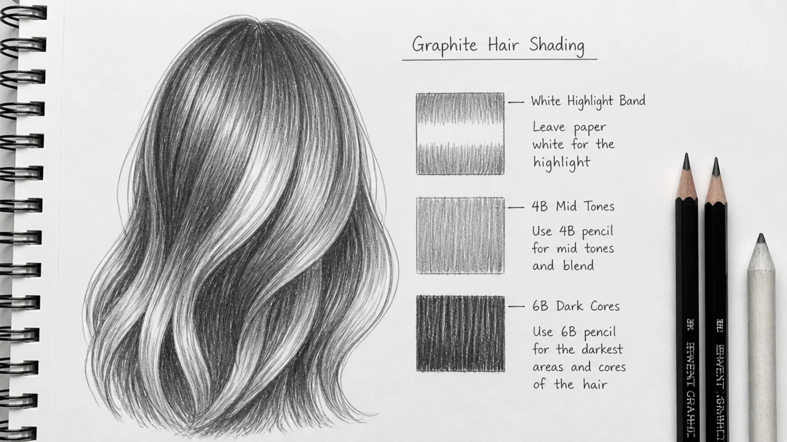 A shaded pencil drawing of hair with a bright highlight band curving across the mass