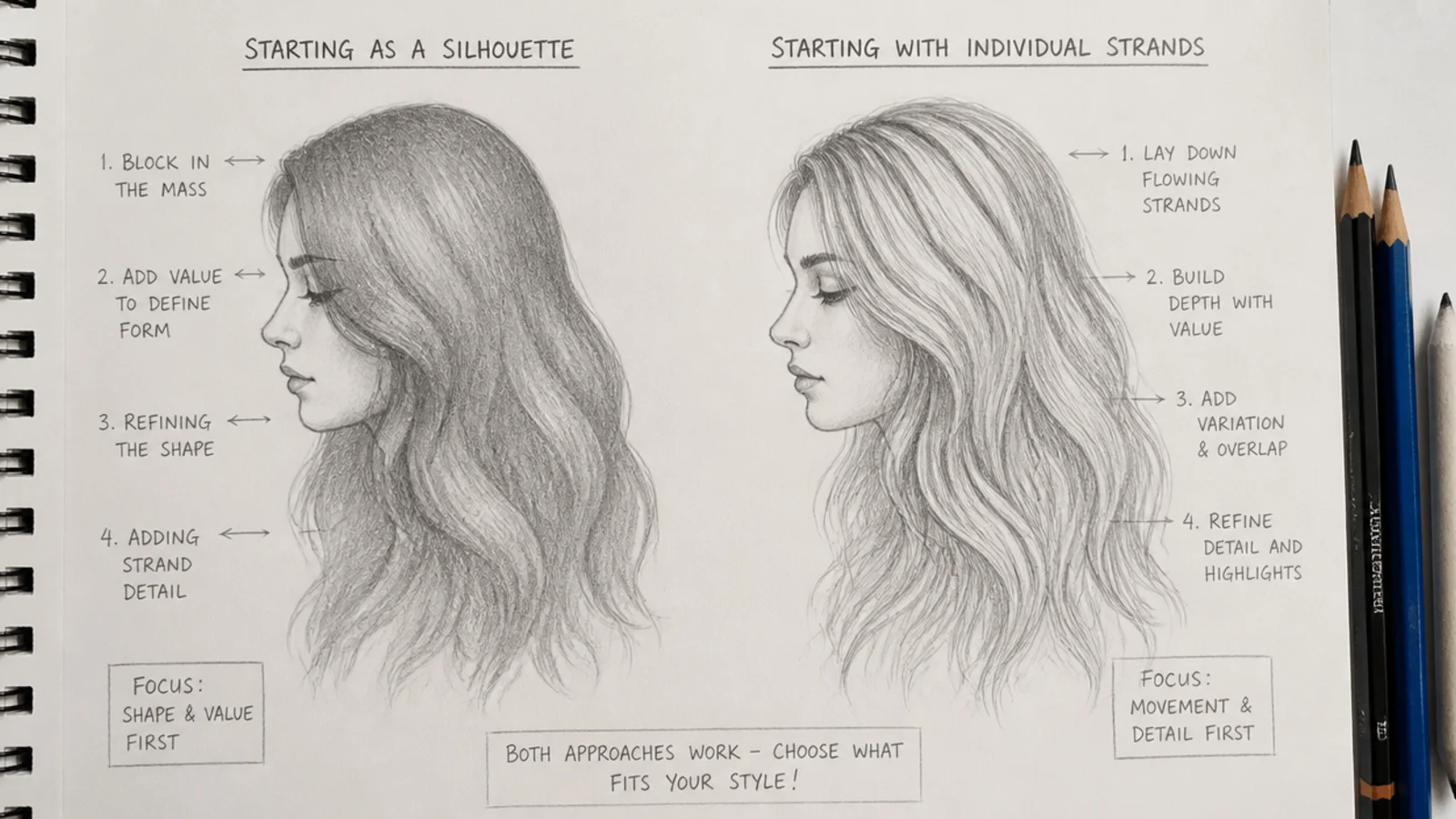 A pencil sketch showing a plain hair outline beside the same shape with interior detail added