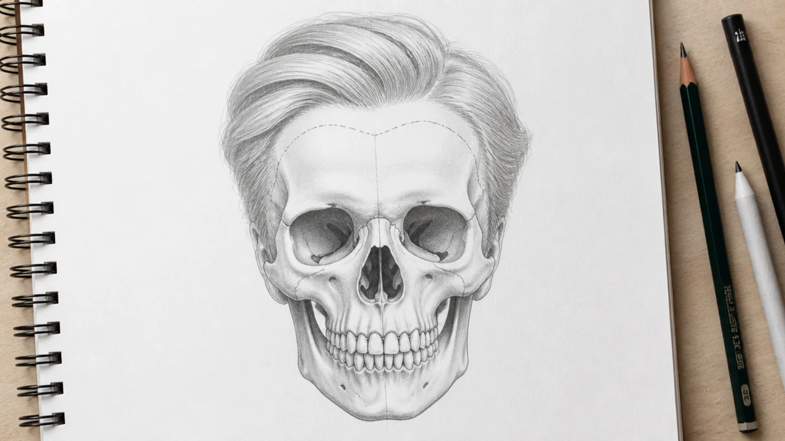 A pencil drawing of a skull with a dotted hairline traced across the forehead