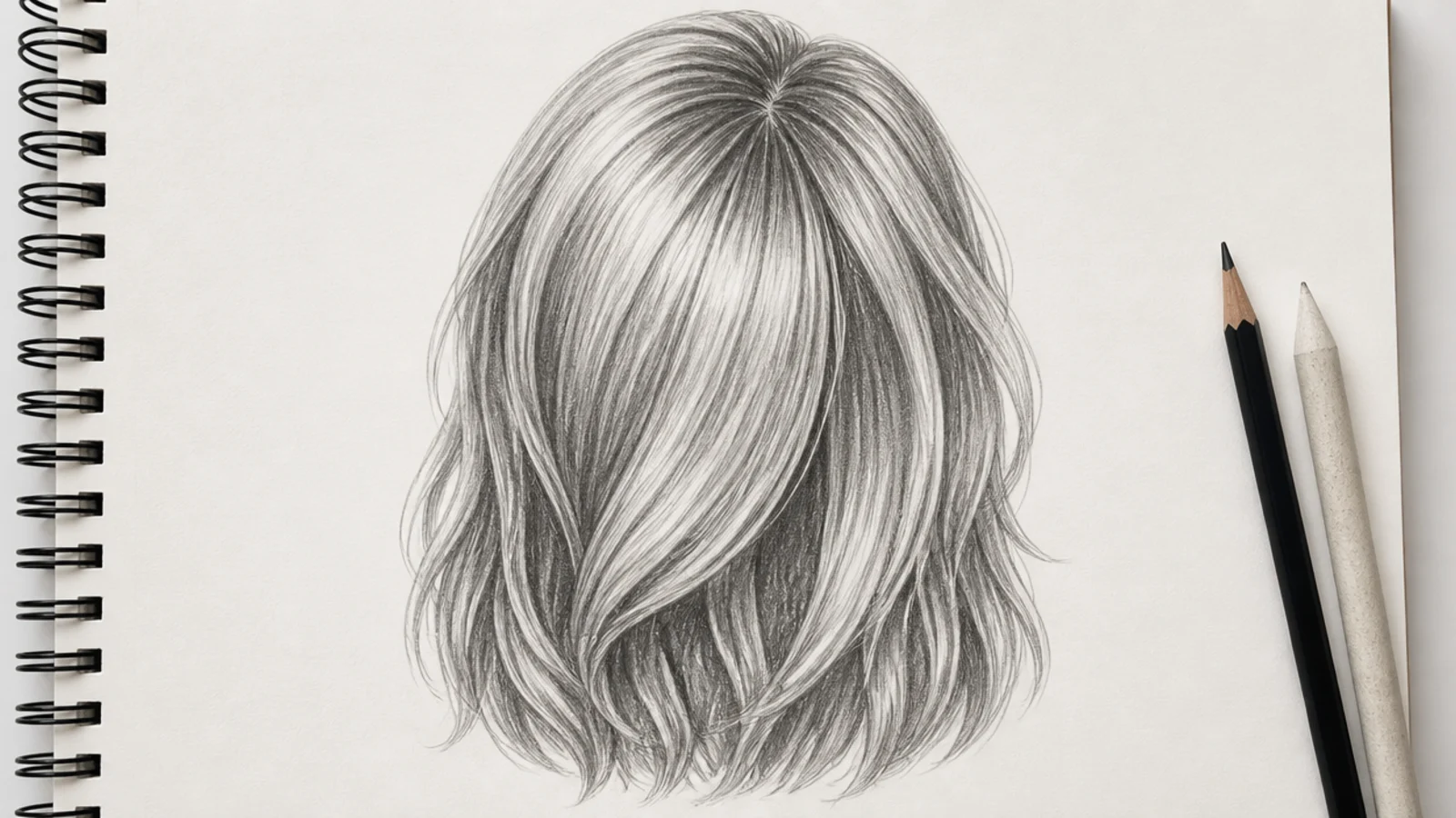 Long sweeping guide lines drawn in pencil across a blocked hair shape